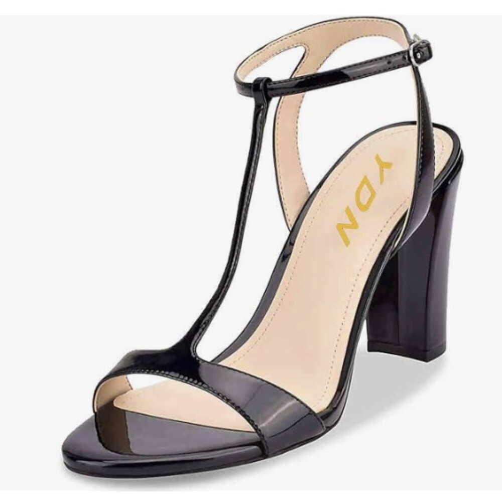 YDN Black T-Strap Open Toe Sandals Chunky High Heels Slingback Party Dress Shoes